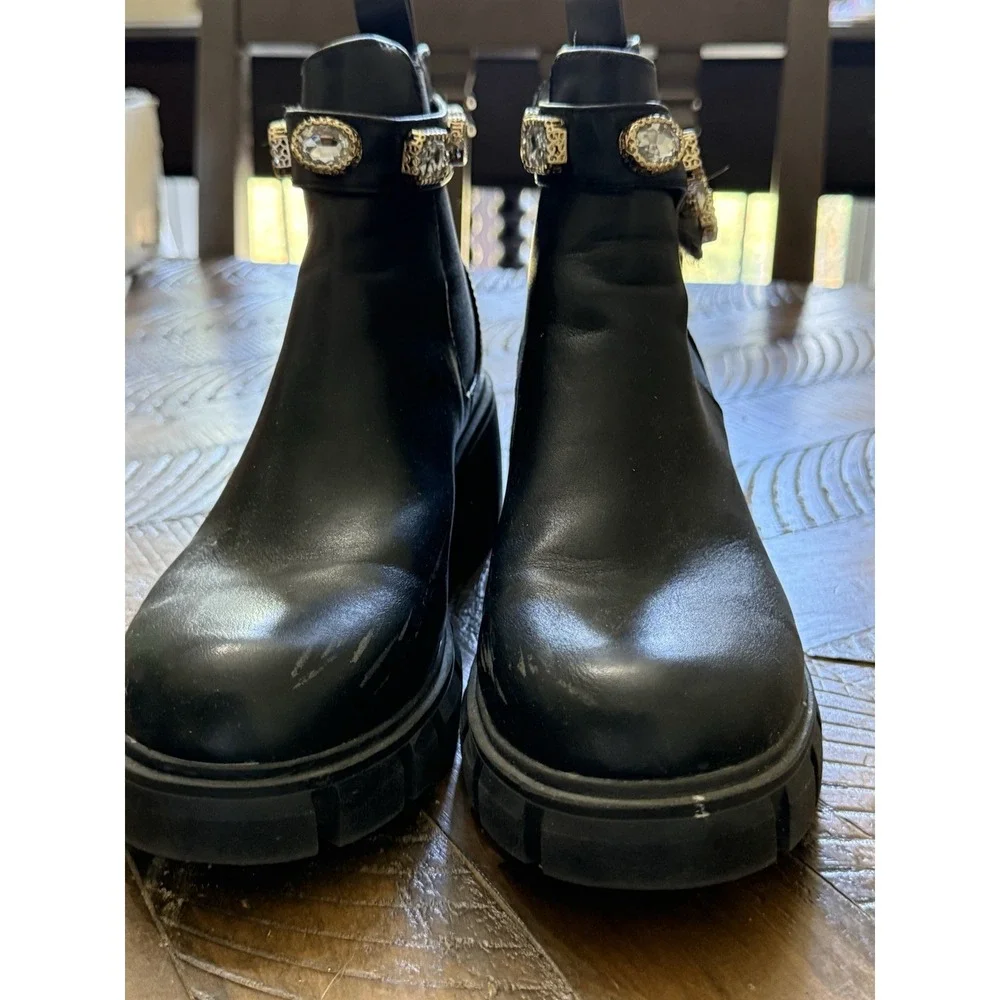 Black Chelsea Boots Embellished with Crystals Chunky Lug Sole Size 8M - Picture 6 of 10